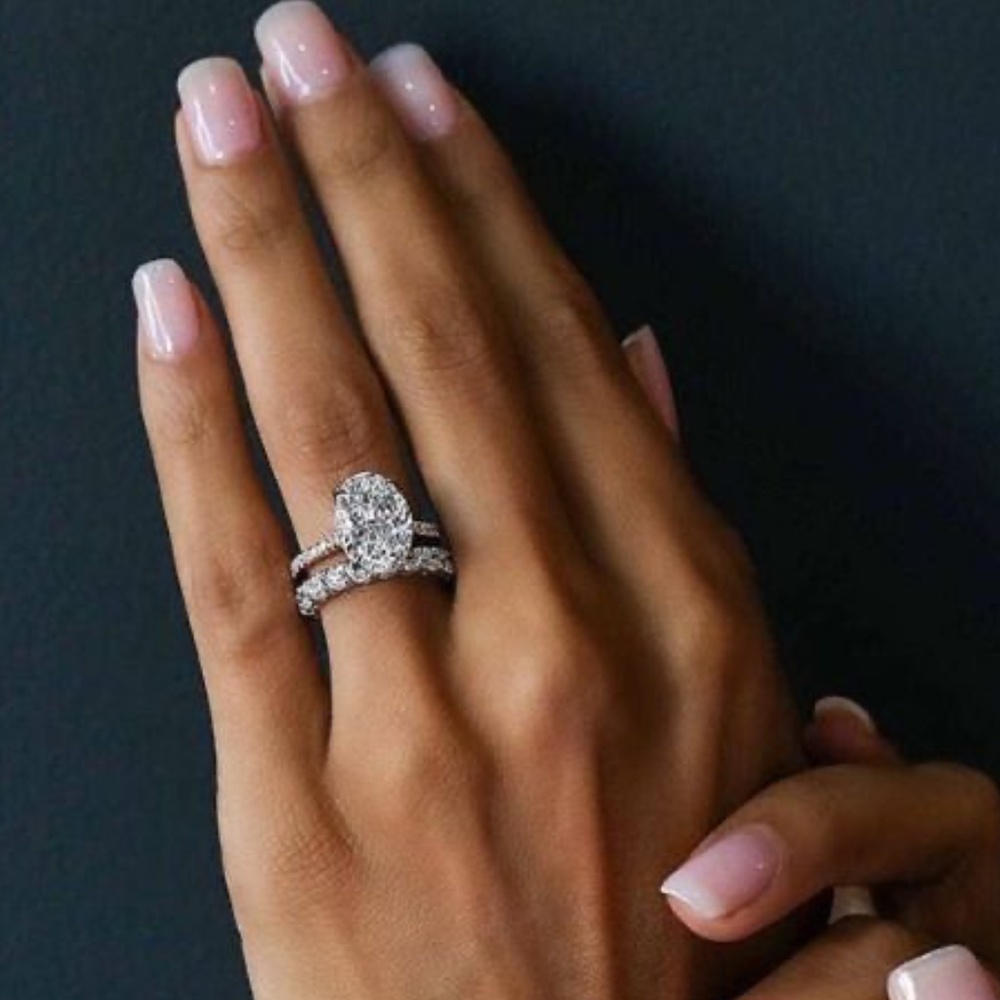 Oval Halo Diamond Engagement Ring Set in Silver with Pink Accent